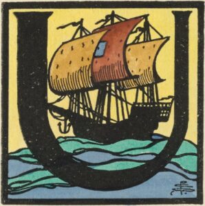 Coloured Pictorial initial U by PCS, showing a sailing ship on the sea.