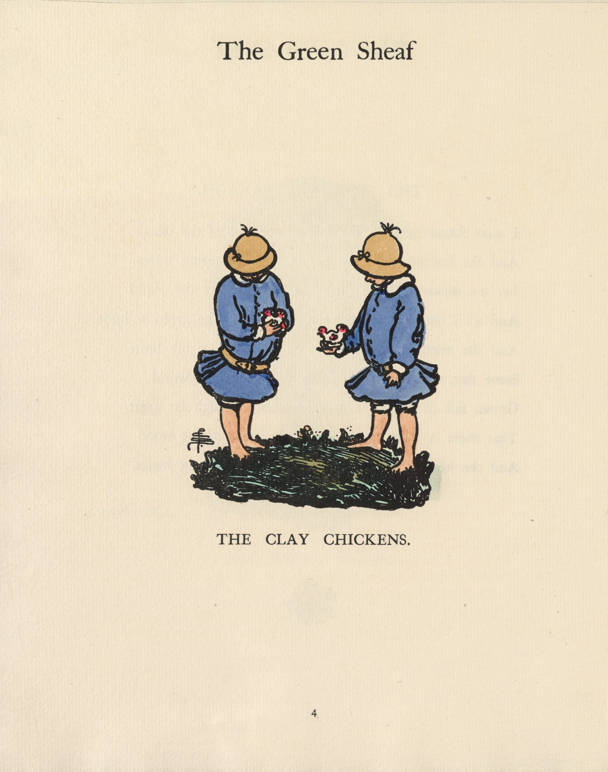 The hand-coloured illustration is centered on the page, unframed. Two children stand on a patch of green grass, wearing blue dresses with white collars and yellow-gold hats and belts. Their legs are bare. Their faces are downturned toward the red and white clay chickens they each hold in their hands. The artist’s monogram is at the bottom left of the grass. The title is set in all capitals beneath the image: “THE CLAY CHICKENS.”