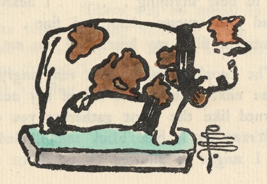 This tailpiece illustration is unframed and centered on the page below the story’s text. A clay figurine cow, white with brown patches, stands atop a green platform, facing right. The artist’s monogram is at the bottom right.