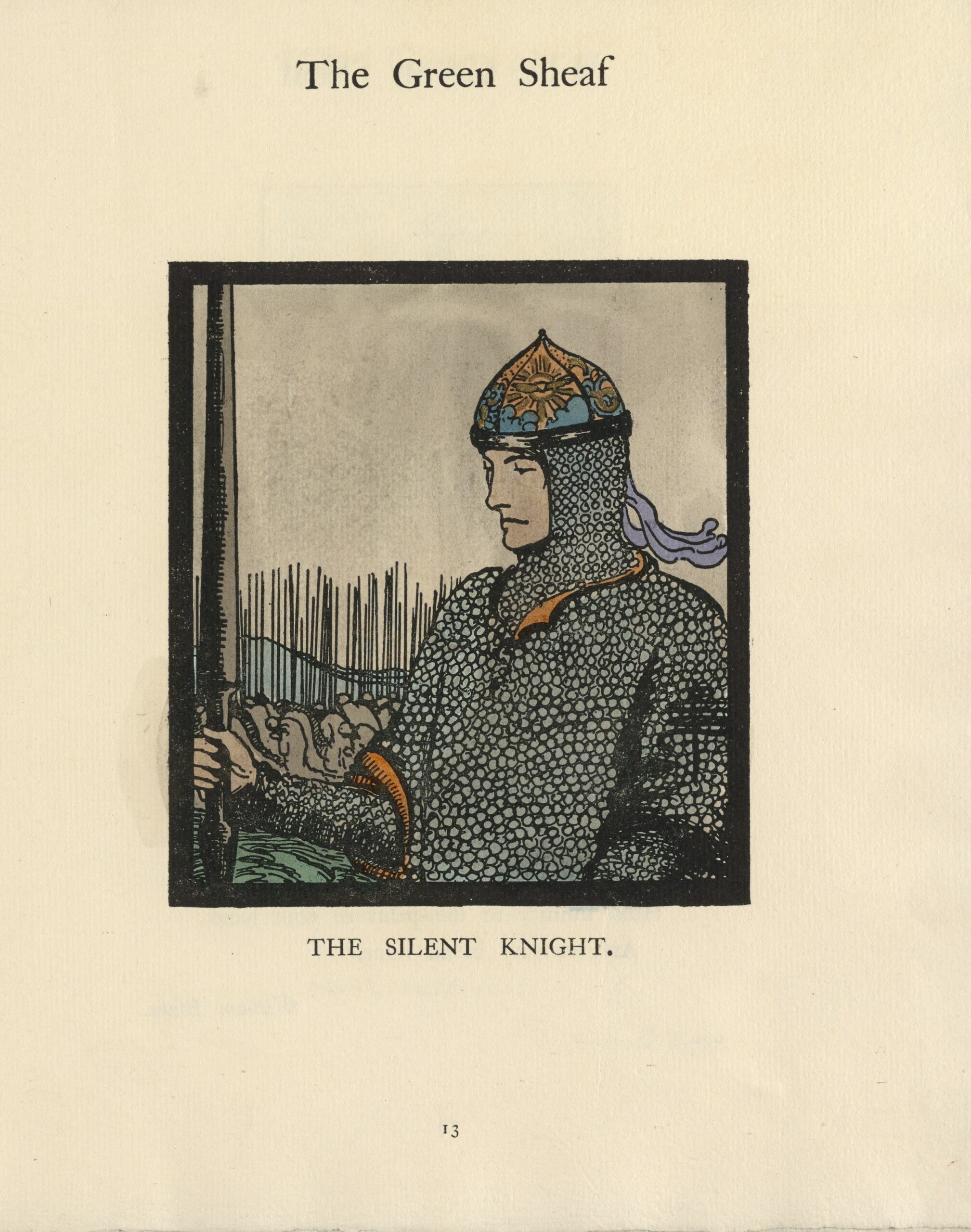 This hand-coloured full-page image is outlined in a thick black rectangular border, in portrait orientation. It depicts a knight’s head and torso in three-quarter profile, facing left. He wears chain mail with patches of his orange tunic visible beneath. He wears a dome-shaped helmet divided into segments; each segment is decorated with a yellow sun and blue clouds. Tucked into the back of the helmet, a purple favour or ribbon flies out behind the knight. In his right hand, the knight holds a raised sword, blade up; it is near and parallel to the left side of the frame. Behind him is green grass, an army atop horses holding raised spears, blue mountains, and a greu sky. The artist’s monogram is on the knight’s left shoulder, on the right side of the frame.