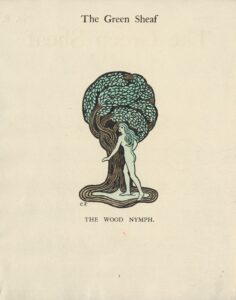 The hand-coloured illustration is centered on the page, unframed. The image is outlined in thick black lines, and coloured in shades of brown and green. In the image stands a curving tree with interlacing branches, rootes, and green leaves. A naked female figure with pale green skin and darker green hair faces the tree, as if to enter it. Her face is turned back to the viewer. The artist’s monogram is in the bottom left corner.