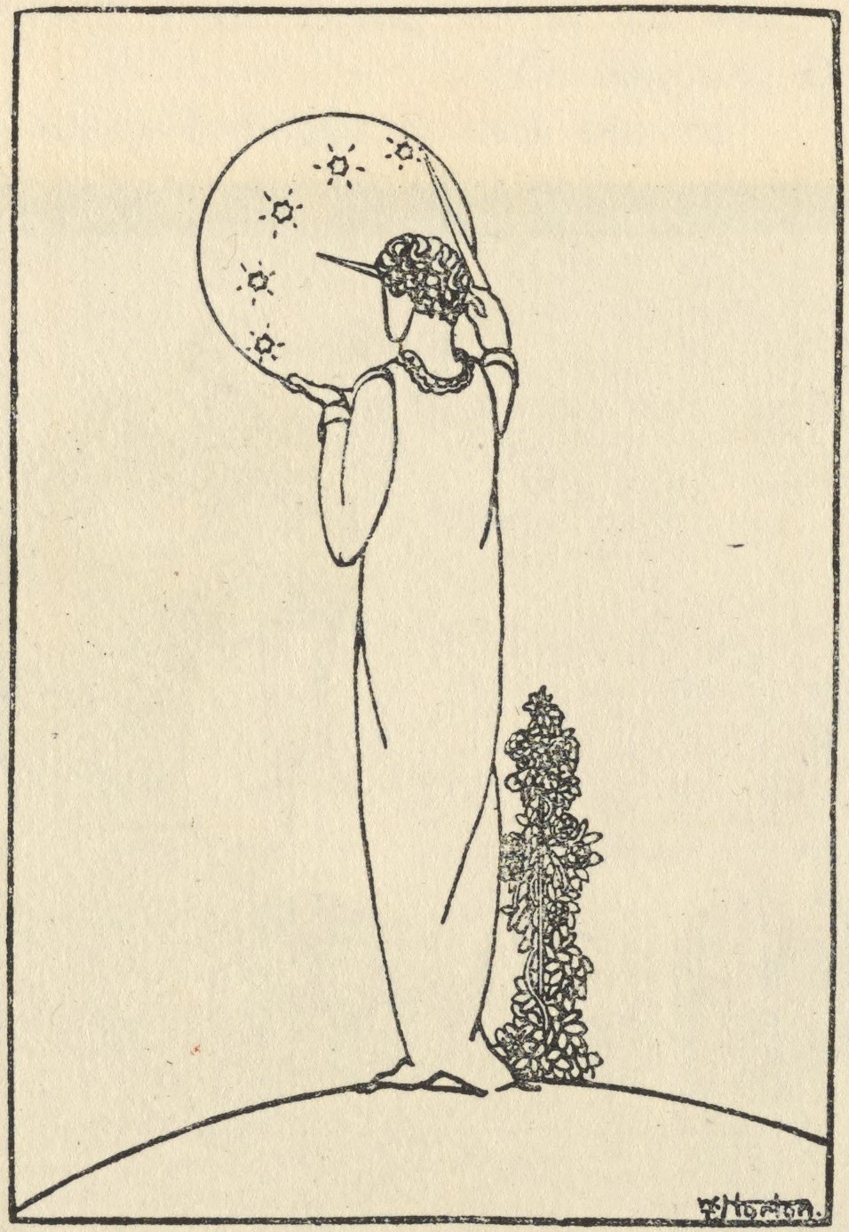 This pen-and-ink half-page illustration is centered above the poem’s text, outlined in a thin black border, in portrait orientation. In it, a robed figure stands on a round hill, facing away from the viewer, painting a garland of stars on a floating orb. To the right of the figure is a leafy tree, which stands waist high. The artist’s signature is in the bottom right corner of the frame.