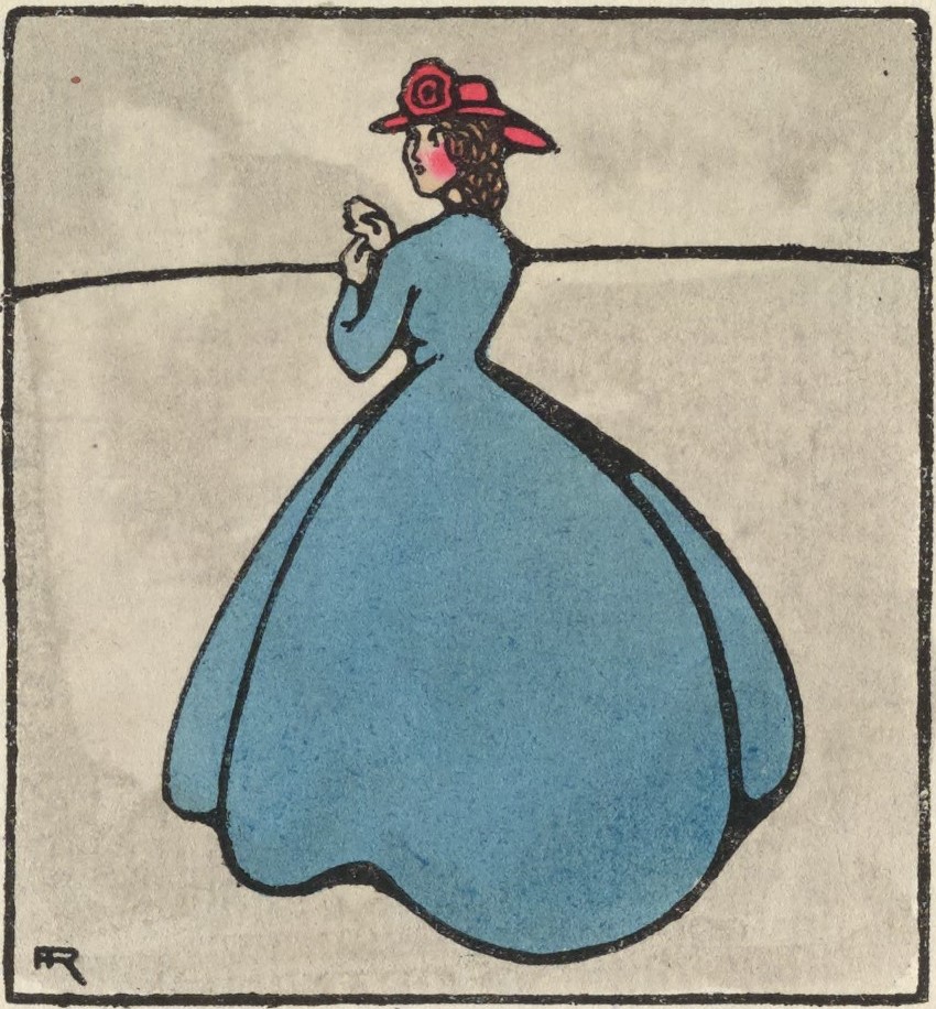 This half-page hand-coloured image is outlined in a thin black square border, centered above the poem’s text. In it, a woman stands, body turned away, with her face turned to look back at the viewer. Pale-skinned with rosy, red cheeks, the woman wears a red hat and voluminous blue dress, and puts on white gloves. The artist’s monogram is in the bottom left corner of the frame.