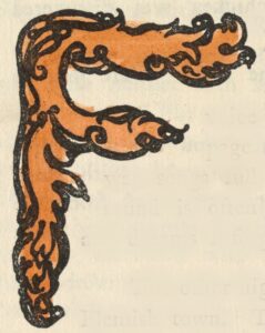 The decorative initial letter F is made of fiery orange flames with black swirls.