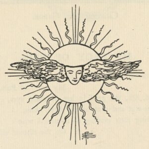This unframed black pen-and-ink drawing is centered on the page, below the text of the poem. A winged face floats in front of a blazing sun, beams radiating out from around it. The artist’s monogram is at the bottom right.