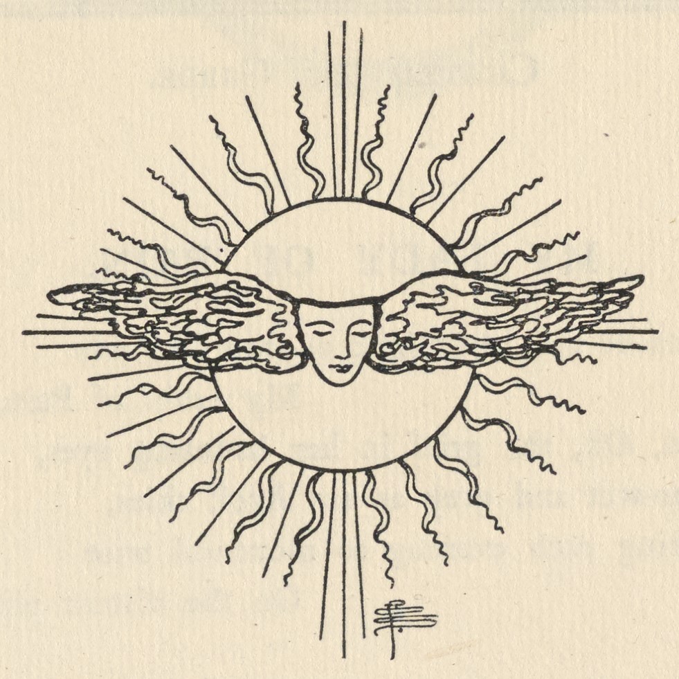 This unframed black pen-and-ink drawing is centered on the page, below the text of the poem. A winged face floats in front of a blazing sun, beams radiating out from around it. The artist’s monogram is at the bottom right.