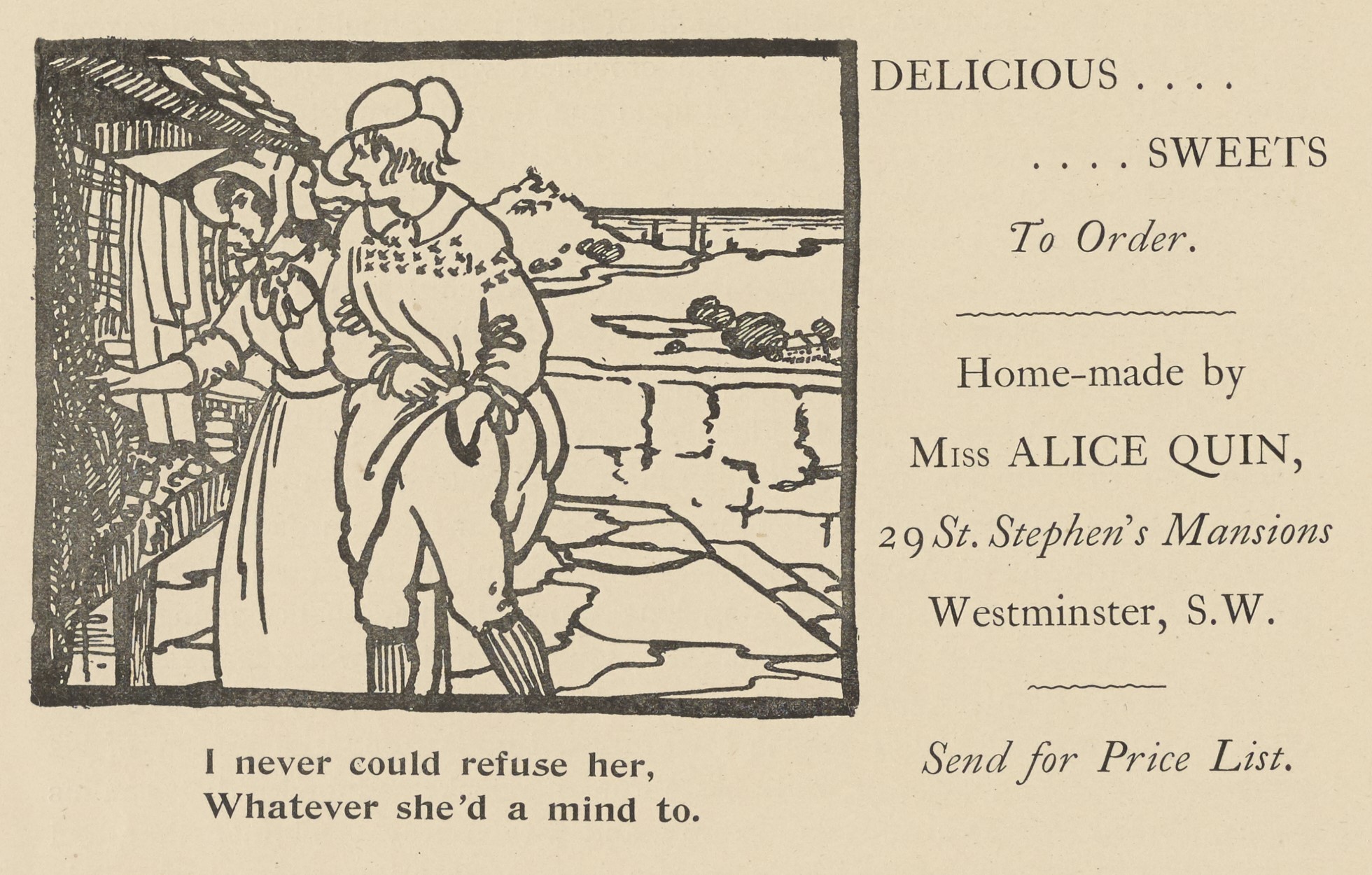 The pen-and-ink illustrated advertisement is outlined with a thick black rectangular border, to the left of the text advertisements In it, a young couple with arms linked stops along a street at a shop, facing left in three-quarter profile. The woman, wearing a ribboned bonnet and dress, is touching a bolt of cloth outside a shop. The man, wearing a long tunic atop breeches and high socks, reaches his hand into pocket. Behind them, a stone wall separates the figures from a field dotted with trees and a small house. In the background, the sea recedes into the horizon. The artist’s monogram is in the bottom left corner of the frame.