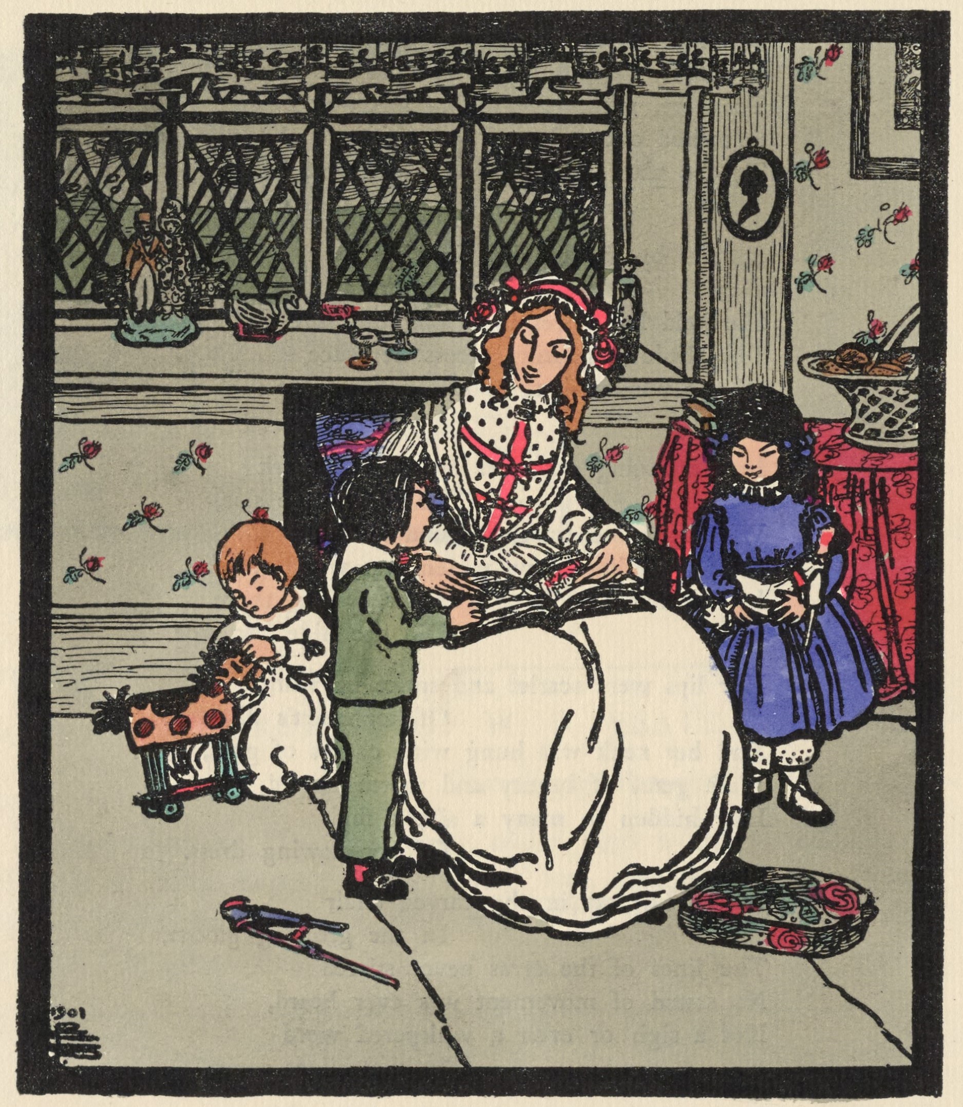 This hand-coloured image is centered on the page, occupying three-quarters of the page, above the text. It is outlined in a thick black rectangular border, in portrait orientation. In the centre of the image, a pale-skinned woman with fair hair sits, facing the viewer, an open book on her lap. She wears a white dress and cap decorated with pink ribbons and roses. She is surrounded by three little children (from left to right): an infant in white, holding a horse on wheels; a young boy in green who stands by the woman’s skirts, looking at the book; and a little girl in purple, holding a doll, standing slightly behind the woman at left. The room is depicted in great detail; a pair of compasses and a rose-patterned cushion litter the floor, a basket of roses sits atop a table covered in a red cloth, and a framed cameo of a woman’s profile hangs on the wall. Behind the woman, rose wallpaper coats the walls, in which is inset a diamond-barred window. Several figurines line the window’s ledge, including a man and woman arm-in-arm, a swan, a large bird, a child and a woman. The artist’s monogram is in the bottom left corner of the frame, with the date 1901.