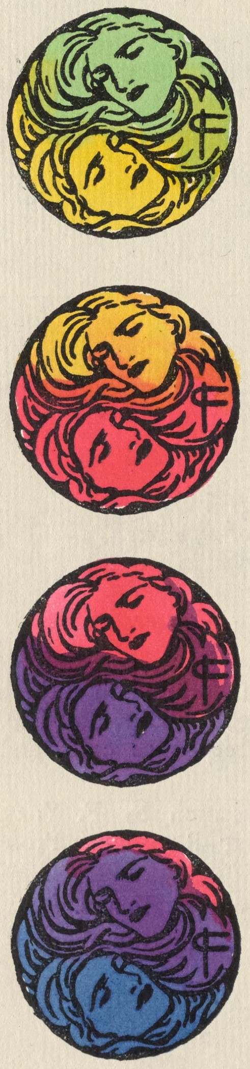 This hand-coloured border illustration borders the text of the poem “From East to West” along the left. It consists of four coloured circles, each containing two faces, and each corresponding to the stanza with which it aligns. The Both faces face the viewer, one atop the other, surrounded by their long hair. The images shift in colour, top to bottom, through green, yellow, orange, red, purple, and blue, corresponding to the time of day represented in the aligned stanza, moving from dawn to night. The artist’s monogram is in the right side of each image.