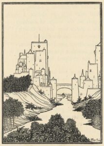 This black pen-and-ink half-page illustration is outlined in a narrow double border, centered above the text of the poem “My Lady of Pain.” In the extreme foreground, a leafy outcrop partially obscures a river, which leads to the sea. The river passes under an arched bridge, which joins two sides of a large castle, made up of many buildings and towers. On either side of the river, tall banks are dotted with trees and brush. In the far distance, ships sail on the sea. The artist’s signature is in the bottom right corner of the frame. Below the image, the image’s title is printed “Chateau de Garde.”