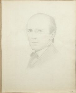 This is a self-portrait pencil drawing of John Duncan. The image shows Duncan’s head and shoulders. Duncan’s body is facing toward the left side of the image and his face is turned towards the centre. He is wearing a lapel suit and collared shirt with a polka dot bow tie. Duncan is bald with short hair around the sides of his head to the nape of his neck. He may be wearing thin framed or wire rimmed glasses but as the picture is faded it is difficult to determine.