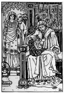 The black-and-white wood-engraved illustration is a detailed composition showing figures seated inside, or entering, an ornate oriental space. In the foreground on the right, an old bearded man in a turban and fur-trimmed cloak sits on a carved bench holding a young boy on his lap. The boy sits in profile looking to the right. He is wearing a brocaded tunic and fez. On the floor to their left is a hookah. In the background at left is an open doorway with a decorative arch and a set of tiled steps. Three figures, two women in long robes, both with their heads covered, and a man in a turban, are poised to enter the room. The artist’s monogram, CAL, is in the bottom left corner.