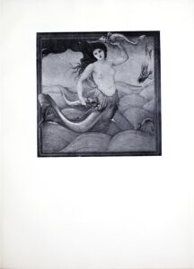 The halftone reproduction of Edward Burne Jones’ 1881 painting of a mythical sea nymph leaping across a tumultuous ocean surface is framed and centred on the page in portrait orientation. The sea nymph, or mermaid, is facing the viewer. Her upper body is of a human female. Her lower body is of a fish. Her hair is loose and waves through the air, taking up much of the upper left corner of the image. Her head is tilted to the left. Her left arm is raised up and she holds one fish above her head. The right arm rests at her side where she grips a second fish. She has a ridge of fins skirting her lower torso where her fish form begins. Her tail swings out behind her to the left of the image.