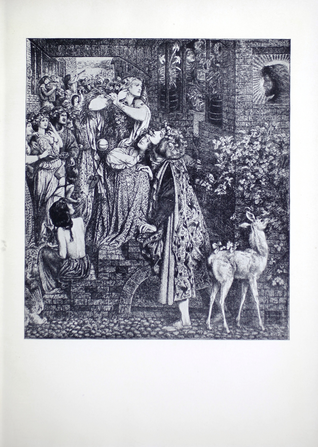 The black-and white image centres on a woman standing in a crowded street between two brick buildings. The woman, Mary Magdalene, faces the viewer in three-quarter profile. Mary’s hair is loose and hangs down her front. She appears to be removing flowers and greenery from her hair, over her right shoulder. A bottle of perfume hangs at her hip. Mary is climbing a set of stairs to the entrance of a brick building located on the right side of the image. Through an open window, the viewer can see the radiant head of Christ in profile, facing Mary as she approaches the front door of Simon’s home. The faces of a man, presumably Simon, and a woman, possibly Simon’s wife, appear inside the door, watching Mary enter. The door is framed by two pots of flowers: lilies to Mary’s left, sunflowers to her right. The street is filled with people who watch Mary as she enters Simon’s home; most are in the background, but three people and one animal are in the foreground. The animal in the foreground at the bottom right corner is a fawn that appears to be eating the vines along the brick wall of the building. The ground is cobblestone. By the fawn’s feet is a grate in the wall that resembles a storm drain for water. Immediately in front of Mary, a couple hold each other. The female figure is in a long dress and sits on the stairs, learning her head on the male figure’s shoulder. He stands with his back to the deer and wears an elaborately decorated hat and cape. They both gaze up at Mary as she climbs the stairs behind them. The final figure in the foreground is a topless child sitting at the foot of the staircase to the left of the couple. Another small child stands behind the Magdalene holding up a bouquet of flowers to onlookers. Behind Mary, to the viewer’s left, there are three figures, two women and one man, all wearing garlands in their hair. Among the crowd, to the right of the image’s frame but in the far distance, leaning against the building on the other side of the street, two figures play instruments – one a wind instrument, possibly a flute, the other a string instrument, possibly a lute. Further figures in the far background are unclear but one appears to be labouring with a large sack.