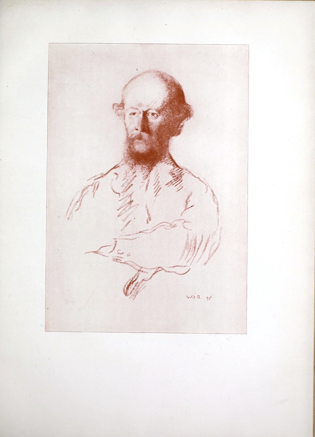 he image is reproduced in reddish brown ink to match the sanguine chalk with which the image was drawn. The unframed image is a portrait sketch of the head and torso of Algernon Charles Swinburne (1837-1909) in three-quarter profile facing left with his arms folded against his chest. His face is detailed, with heavy shading falling on the left side of his face at the temple and cheek. His head is bald on top with tufts of hair around his ears. He also wears a beard and moustache that are slightly unkept. His upper body is rudimentarily sketched, but it is possible to see that he is wearing a suit coat with shirt and collar. Two buttons are also along the left cuff of his suit jacket. No background or setting is provided by the artist.