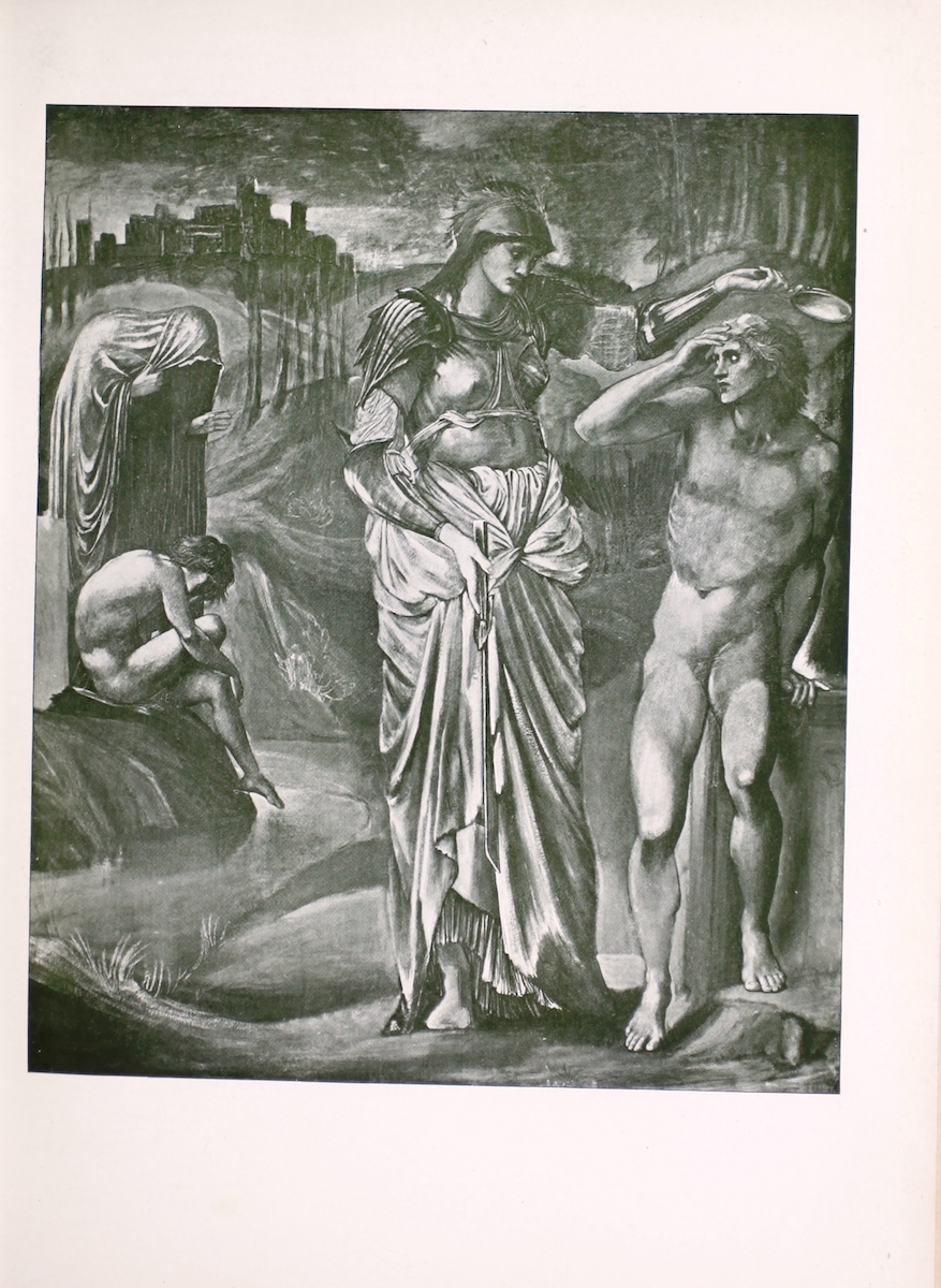 This reproduction of Burne-Jones’s painting, “The Call of Perseus,” is from a series of ten originally commissioned in 1875 by Sir Arthur Balfour for his music room. The image, in portrait orientation, shows the goddess Athena revealing herself to Perseus and presenting him with a mirror and sword. Athena dominates the central foreground of the image. She stands in three-quarter profile, wearing a breastplate and helmet, with her long robes tied around her waist and falling to her feet. Her left hand is stretched out over Perseus’s head, holding the mirror. Her right hand holds a sword, pointed down towards the ground. Perseus stands at the extreme right of the image, also in three-quarter profile, facing toward Athena. He is nude with his right hand holding his forehead and his left hand gripping the rock behind him. Athena and Perseus meet each other’s gaze. Behind these figures, in the left middle ground, another scene from the Perseus and Athena is depicted. These two figures are pictured in profile; both are bent, looking downward to the right. Sitting on a stone by a stream, Perseus is nude and has his right leg crossed over his left thigh. His right arm hangs down, resting on his left knee. He looks down and appears distraught. Athena stands behind Perseus at left, wearing a long hooded robe; her face is not visible. Her left hand reaches out toward Perseus. In the background at left, there is a city; a forest is in the upper right. A stream, hills, and trees joins the middle ground to the back ground.