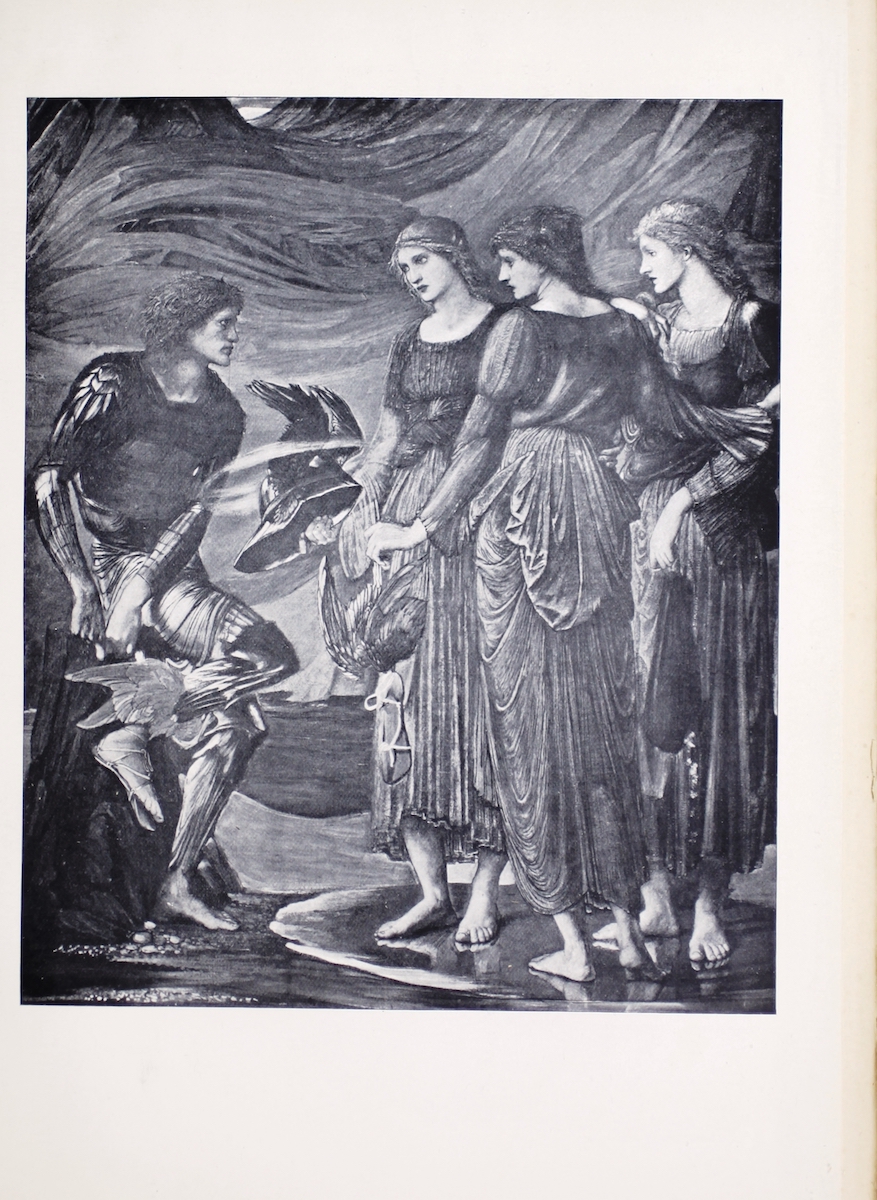 Also known as “Perseus and the Sea Nymphs—The Arming of Perseus,” this halftone reproduction comes from a series of ten paintings commissioned in 1875 by Sir Arthur Balfour for his music room. The image depicts Perseus receiving three gifts from the sea Nymphs necessary for his quest: Hermes’ winged sandals, Hades’ helmet of invisibility, and a magical bag known as a kibisis to hold the Gorgon’s severed head. Perseus sits on a stone on the left of the image in three-quarter profile with his face in profile looking right toward the three Nymphs. His right leg is bent at the knee as he ties one of Hermes’s winged sandals to his foot. He wears decorative armour and he has thick short hair. At the right of the image stand the three nymphs. The Nymph furthest to the right is in three-quarter profile with her face in profile facing Perseus. Her hair is braided at the sides holding the rest of her long loose hair out of her face. She is wearing a long gown that shows her ankles and bare feet. In her left hand she is holding the magical bag. To her left is a second Nymph, with her back to the viewer. She wears a similar gown and has braided hair, but the loose hair is pulled forward to reveal the back of her neck. Her face is turned towards Perseus in profile. Her right hand is holding the first Nymph’s arm and her left hand holds the other winged sandal. The third Nymph closest to Perseus is in three-quarter profile, wearing a hair style and gown similar to the other two Nymphs. She faces Perseus and holds the helmet of invisibility out towards him in her right hand. There is a swirl of wind around the helmet, suggesting its power. The background of the image consists of dark swirls and curves, suggesting that they are in a cave or in front of mountains without any plant life.