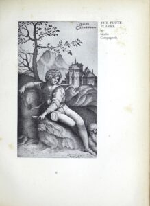 The image depicts a young man sitting on a stone holding a flute. The young man is presented in three-quarter profile with his face and feet pointed towards the right. He has light curly hair and is dressed in a tunic with tight stockings. He rests his right arm on a rock behind him and sits leaning on his right leg. His left foot is crossed over his right. At his feet, an older man’s head is visible. He has a long beard and appears to be sleeping on the ground. He is leaning on his right shoulder, the only other visible part of his body. Behind the flute player’s right arm stands a tree. To his right, a castle is visible in the background, set in a landscape of mountains.