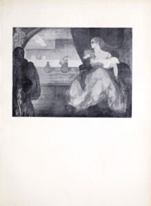 This halftone reproduction is of a watercolour on silk, which Conder originally painted in 1890. The image depicts two figures at a masquerade ball. The figure on the right is a woman, with her face in profile and her body facing the viewer. She wears a long billowing light-coloured gown hanging off of her shoulders. Her hair is tied back. She wears long gloves. Her left arm hangs down, while her right one holds up a bouquet of flowers covering her right shoulder. She is also holding her mask in her right hand. She is gazing at a man standing the shadows on the left side of the image. His face is uncovered but he is wearing a Harlequin costume, and faces right, meeting the woman’s gaze. They are standing at either end of an arched doorway. A curtain has been pulled back behind the woman. Through the archway a balcony with a bench is visible with vases on the ledge. One vase holds flowers. Beyond the ledge, a faint image of a building with smoke rising out of what is likely a chimney, appears.