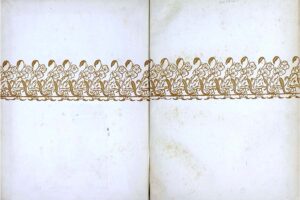 Pattern of repeating female figure in left side profile carrying a flowering plume, printed in brown ink horizontally across a two-page spread.