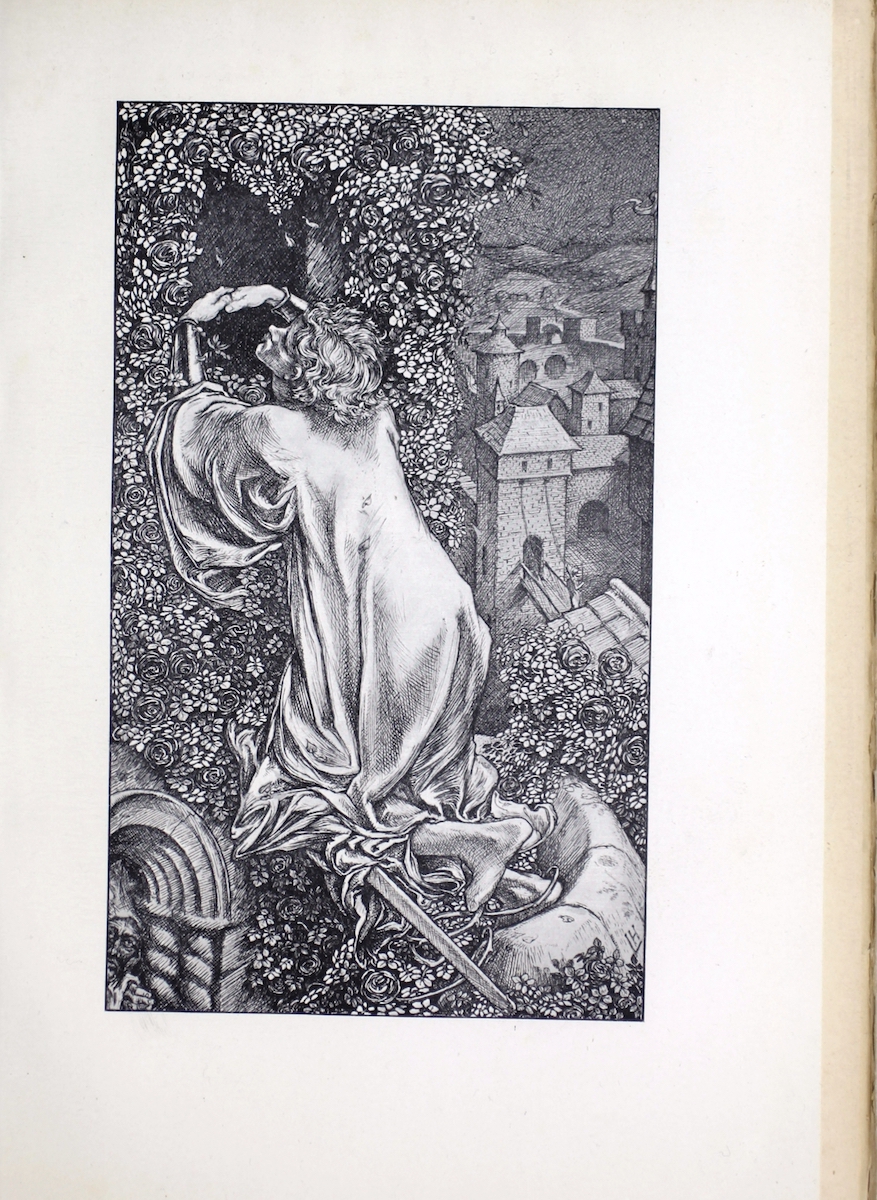 This line-block reproduces Housman’s Illustration for his fairy tale, “Blind Love,” which begins on p. 64. This image depicts Sir Percyn wooing the invisible princess in the high-tower window of her castle. Sir Percyn is shown with his back to the viewer, but in three-quarter profile. His hair is loose, and he wears a long robe. He is kneeling. His sword rests by his left knee. He is looking into an empty window and his arms encircle what must be the invisible princess, though no figure is pictured. It appears as if he is kissing the air. Inside the window, the viewer only sees darkness. The tower walls surrounding the window are covered in flowering roses and vines. Only the ledge of a small balcony is visible by Sir Percyn’s feet. The turret fills three quarters of the image. In the upper right corner of the image, more towers and buildings for the castle are visible. The sky is dark, suggesting the image takes place at night. In the lower right-hand corner, another window appears in the turret with an ornate stone arch visible. From within the arch, the face and hands of a figure watches Sir Percyn from inside the tower.