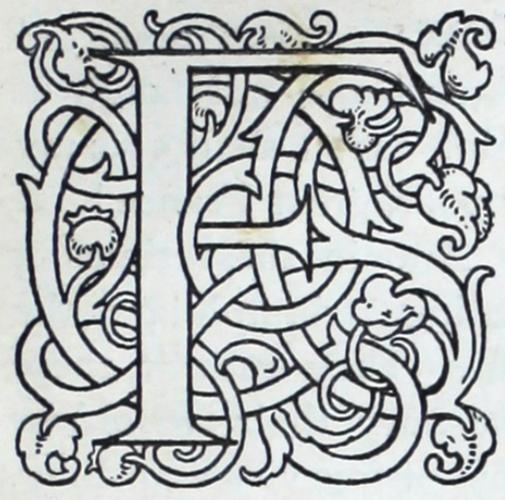 The square shape around the seriffed letter F is formed out of interlacing ribbons with terminal foliation of acanthus leaves and pomegranate buds. The decoration is created in thin black lines, leaving the letters, vines, and leaves white. It appears to be a wood engraving.