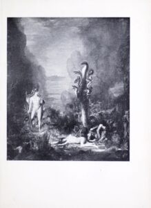 A half-tone reproduction of Moreau’s painting, “Hercules and the Lernaean Hydra” (1875/6), the image portrays a confrontation between the mythical figure of Hercules and a 7-headed hydra. To the right of the image is the Hydra, a snake with its heads and much of its length in the air. The part of the body on the ground is not visible. There is one large central head with six smaller heads (three to its left, three to its right) along the upper quarter of its body. The monster is in three quarter profile and faces left towards Hercules. The Hydra is surrounded by dead bodies; most are strewn behind it in a blurred mass of flesh and shadow. In the foreground of the Hydra, one body, a nude male, is laid out in full. Its legs are bent with his left leg in full view and his feet pointing to the right. His leg points towards the left with his right arm stretched out on the ground below his head. On the left side of the image stands Hercules, with the front of his body facing the viewer and his face turned right towards the Hydra. He holds a bow in his left hand, held close to his chest. His right arm rests at his side while holding a quiver of arrows in his right hand. Hercules is mainly nude except for a piece of cloth wrapped around his left hip and genitals. On his head, he wears another piece of cloth hanging down his back. He carries a shield on his back. The two figures, hero and monster, confront each other in a ravine between two cliffs that frame the image. In the background, a cloudy night sky is portrayed with a full moon peeking out from the top of a cloud that hangs between the two cliff faces.