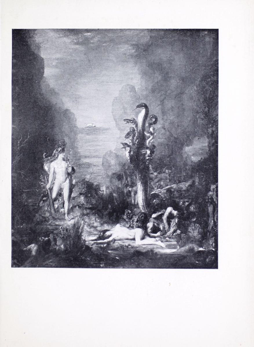 A half-tone reproduction of Moreau’s painting, “Hercules and the Lernaean Hydra” (1875/6), the image portrays a confrontation between the mythical figure of Hercules and a 7-headed hydra. To the right of the image is the Hydra, a snake with its heads and much of its length in the air. The part of the body on the ground is not visible. There is one large central head with six smaller heads (three to its left, three to its right) along the upper quarter of its body. The monster is in three quarter profile and faces left towards Hercules. The Hydra is surrounded by dead bodies; most are strewn behind it in a blurred mass of flesh and shadow. In the foreground of the Hydra, one body, a nude male, is laid out in full. Its legs are bent with his left leg in full view and his feet pointing to the right. His leg points towards the left with his right arm stretched out on the ground below his head. On the left side of the image stands Hercules, with the front of his body facing the viewer and his face turned right towards the Hydra. He holds a bow in his left hand, held close to his chest. His right arm rests at his side while holding a quiver of arrows in his right hand. Hercules is mainly nude except for a piece of cloth wrapped around his left hip and genitals. On his head, he wears another piece of cloth hanging down his back. He carries a shield on his back. The two figures, hero and monster, confront each other in a ravine between two cliffs that frame the image. In the background, a cloudy night sky is portrayed with a full moon peeking out from the top of a cloud that hangs between the two cliff faces.