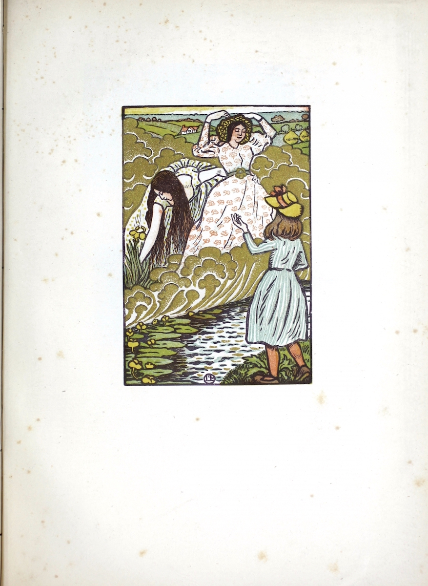 The image is one of the illustrations from Lucien Pissarro’s first published book for the Ergany Press, The Queen of the Fishes (1894). It depicts three young girls playing along the side of a river. In the bottom right foreground a girl stands at the shore of the river. She is in three-quarter profile with her back to the viewer. She wears a blue and white stripped dress that hangs down to just below her knees, with red stockings, brown shoes and a yellow straw hat decorated with a red ribbon. She has shoulder length brown hair. Her left arm reaches out towards the opposite shore of the river, palm up. On the other side of the river, two young women appear amongst the tall golden wheat. The woman on the right stands in three-quarter profile, facing the river and the young girl on the opposite bank. She has dark hair and a wide brimmed straw hat. She wears a long white dress decorated with pink flowers, tied with a belt at the waist. She holds her arms up, touching her hands to her hat, as if playing with or communicating playfully with the younger girl. Her eyes are closed. The woman to the left is bent over picking flowers from the river bank. Her dress is dotted in green. Her dark hair hangs loose in front of her as she bends over towards the viewer. Her right arm reaches in towards the root of a yellow flower, an iris. Her left hand holds to other woman’s waist. Her face is in profile facing left towards the flower. Between the women and the girl is a river with yellow lily pads blooming in the lower left corner. Beyond the golden field where the women are, further farmland with fields, trees and a house are visible in the distance. At the bottom of the image in the centre, appears the artist’s initials “LP” in a circle.