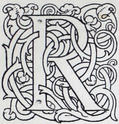 The square shape around the seriffed letter R is formed out of interlacing ribbons with terminal foliation of acanthus leaves and pomegranate buds. The decoration is created in thin black lines, leaving the letters, vines, and leaves white. It appears to be a wood engraving.