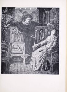 This reproduced pen-and-ink illustration of Act II, scene I in Shakespeare’s Hamlet depicts the scene in which Ophelia tries to return Hamlet’s love letters at the insistence of her father Polonius, and Hamlet’s parents Gertrude and Claudius. Almost the entire scene is framed or enclosed within a wooded bench or settle with a 90-degree corner in it. There are two wooden chairs on each of the two walls of the bench. To the right, the seats are turned down. To the left, two seats are turned up. In the centre of the image is the figure of Hamlet, who spreads his arms in a Christ-like pose as he stretches them across the top of the bench. He wears long dark robes tied at the waist with his sword hanging from the belt. Hamlet’s face is in three-quarter profile and he gazes down to the right towards Ophelia. She is seated on the bench at the right of the image. Ophelia sits with her body in three-quarter profile towards the viewer and away from Hamlet. Her face is turned towards the rightside of the image, while her eyes gaze back to the left at Hamlet. She wears a long floral-patterned dress. Her hair is braided to the back of her head. Her right arm is stretched out towards Hamlet with his letters in her hands. There is also a string swirled around her fingers and the letters. She leans on her left shoulder with her left hand beside an open book on her lap. Her right shoe is visible from under her dress’s hem. Between Hamlet and Ophelia at the corner of the bench is a nook with an open door, revealing a crucifix and two books. Under Hamlet’s right arm, the chair depicts the tree of life, bearing fruit with a snake curling around its trunk. The tree is surrounded by two carved robed figures. The figure on the left is seen in full and there is a halo around its head. The upturned seat depicts Uzzah the moment he touches the ark of the covenant and dies. The floor is tiled. To the left of the image, a small flowering tree stands in a pot in the corner. The background shows archways, curtains and two curved stairwells depicting the grandeur of the castle where this scene takes place. Above Hamlet’s head, in the distant background through the window, two small figures with spears can be seen walking along the castle’s outer wall on lookout.