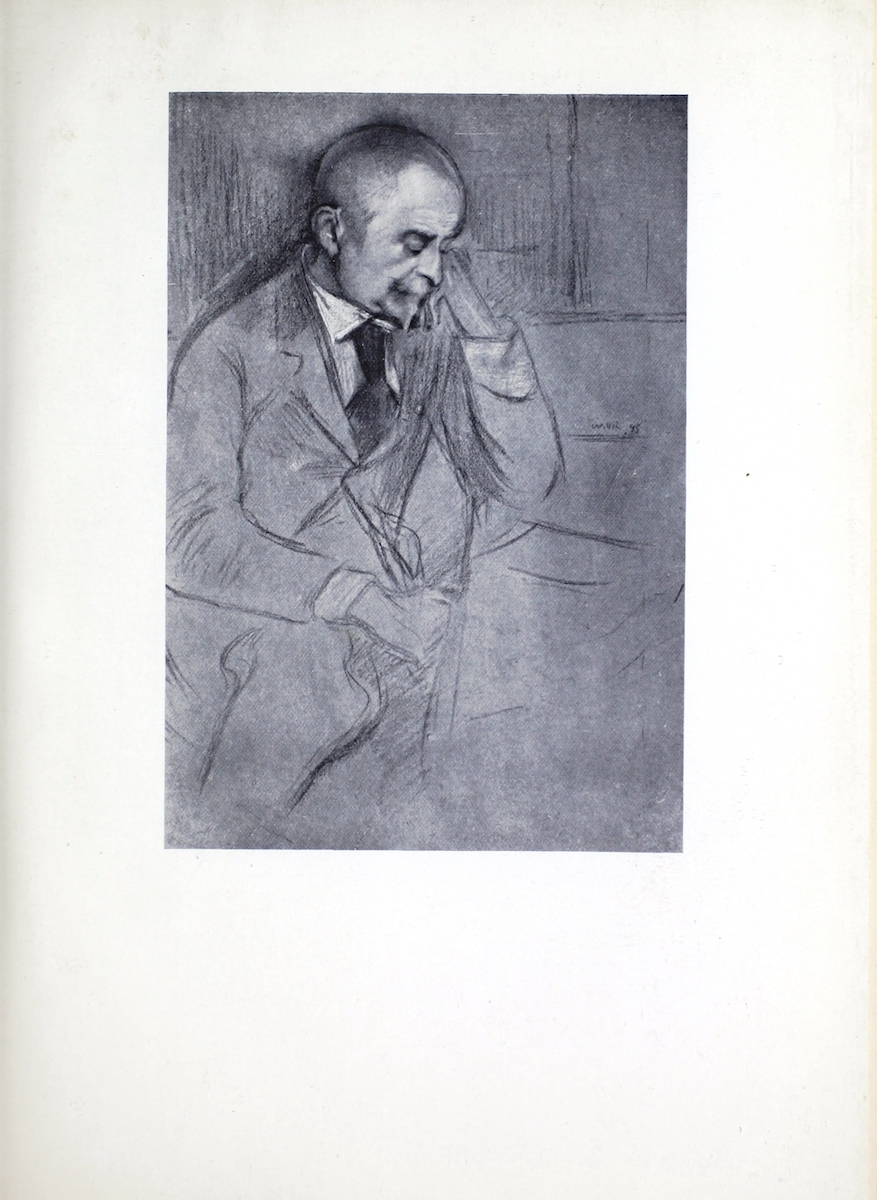 The portrait of the author, Joris-Karl Huysmans (1848-1907), is reproduced in halftone and displayed in portrait orientation. The author is pictured sitting at a table in three-quarter profile, looking down towards the table. His legs are crossed with his left knee facing the viewer. He leans his head on his left hand, with left elbow resting on the table. His right arm rests on his lap. His hair is short and thin. Attention is paid to the lines in his forehead and the side of his face with white pastel highlighting details. He has a moustache and beard, styled to a point. He wears a suit and tie. His shirt collar and cuffs are highlighted in white pastel. The artist has finished the head and torso, but left the legs and bottom half of the sitter sketchy.