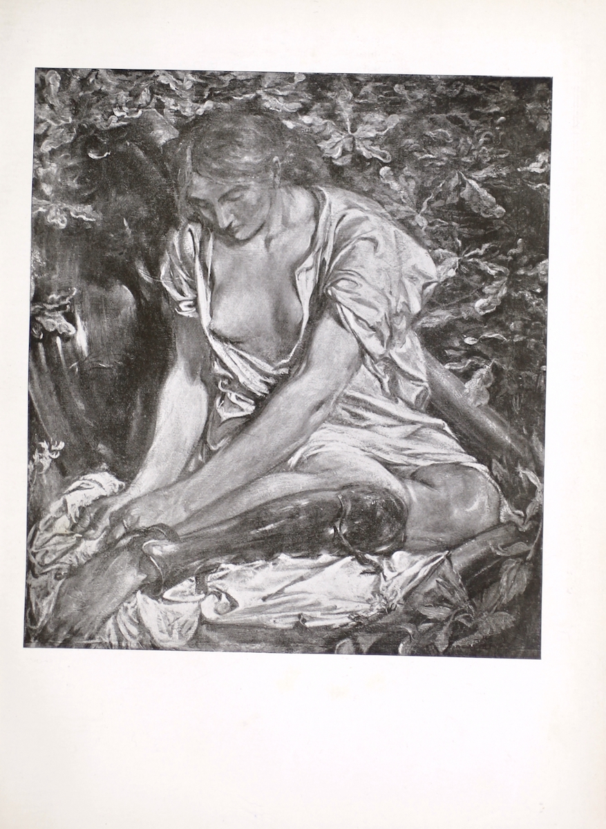 Not to be confused with Shannon’s painting or sanguine study in 1922, this halftone reproduction of “The Wounded Amazon,” is an earlier painting on the same theme. The scene depicts an Amazon warrior removing her armour after being injured. She is sitting behind bushes. She has light hair tied behind her head. She wears a cloth tunic that is open at the front, exposing her breast. The tunic covers her shoulders but exposes her arm. It covers her lower body to mid-thigh, exposing her legs. She sits leaning on her left hip and leg. Both of her legs are bent at the knee. Her lower right leg is exposed, with leg armour still attached. She is currently untying the leg armour at her ankle. Her shield rests upright against the bushes by her right shoulder. Her left leg armour is already removed and rests in the foreground by her knees. There is a long staff or thick tree branch angled behind her back, stretching from the upper-left corner to the lower-right corner of the image. She is sitting on cloth, possibly part of her tunic or robe.