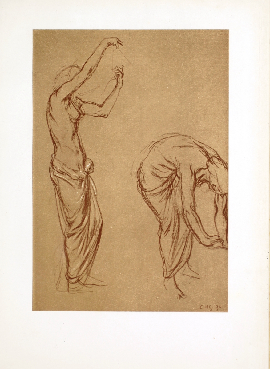 The image is a sketched study of the body in movement showing two figures in motion. At left is a female body standing in profile facing right. Her arms are in the air with her right arm covering her face and her left arm bent at the elbow. She is nude from the waist up. At her waist, a cloth robe is tied at her abdomen. It covers her lower body down the length of her leg, then exposing her feet. At right is the same female figure now bent forward at the waist. She is in three-quarter profile with the right side of her back and stomach in view. The back of her head is shown with her hair appearing to be loosely tied up. Her arms reach down towards the ground, reaching the midpoint of her shins. Her right hand is visible, with her palm down and her fingers stretched forward towards the right. There is no background. The artist’s initials “C.H.S.” along with the year “96” appear in the lower right corner of the drawing.