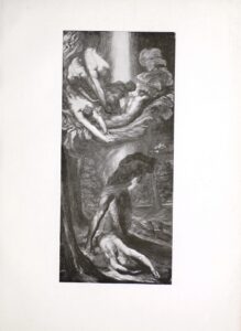 Also known as “The Denunciation of Cain,” and originally painted in 1872, the halftone reproduction of Watts’ painting depicts the biblical tale of Cain in the moments after he has murdered his brother, Abel. The bottom half of the long image represents Cain straddling his dead brother’s body. His face and upper body are in shadow, but his musculature is visible, along with a piece of cloth covering his midsection. Light shines from the heavens onto his right leg. That light, however, is focused on the dead body of Abel. Abel’s lower body is not visible behind Cain, but his torso emerges from between Cain’s feet. His musculature is highlighted, and his arms are stretched out over his head, pointing towards the bottom right corner of the image. Abel’s head is turned toward the left and his eyes are closed. They are pictured in a wooded landscape full of shadows and the brothers are surrounded by tree trunks. Above Cain’s head, in the upper half of the image, are spirits from the heavens, portrayed as five different nude male bodies They appear to be flying amongst the clouds. One of the five faces the viewer but he is in shadow, so his features are unclear. He appears to be looking at the murder scene. To the right of that figure, another spirit is portrayed flying beneath the facing figure with the length of his body and the back of his head visible. He is turned upward. On the left of the image, the three remaining spirits all have their backs turned to the viewer, and move downward as if pushing the figure on the far right along his path, suggesting that they have come down from the heavens to collect Abel’s spirit.