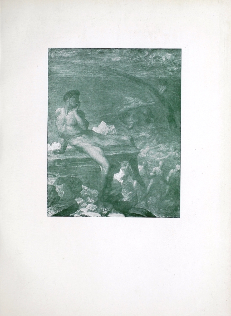This halftone reproduction is of a painting Watts painted circa 1875. The image depicts men bathing at the ocean. The focal figure is a man on the left side of the image sitting on a stone outcropping on top of a cliff looking down at the ocean. His chest is facing the viewer; his body below is in three-quarter profile, and his head is in profile, as he gazes down at the bathers. He leans back on his right arm and raises his left hand up to his chin. Below this figure and to the right are a group of four nude male figures linked arm-in arm, facing right, and walking along the shore. The ocean is painted in a way that breaks perspective conventions, with the ocean pictured as a wall of water reaching up to cover two-thirds of the background, allowing the viewer to see underwater. In the water, directly behind the group of men on the right, is a group of bodies swimming underwater. At the top of the image another figure is diving into the water. The body of this diver is unclear and appears as a dark brush stroke reaching into the sea. In the water where the diver has landed, several other men are swimming in the water. Their bodies intertwine and remain unclear in an impressionistic way.