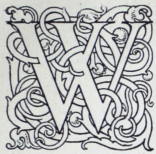 The square shape around the seriffed letter W is formed out of interlacing ribbons with terminal foliation of acanthus leaves and pomegranate buds. The decoration is created in thin black lines, leaving the letters, vines, and leaves white. It appears to be a wood engraving.