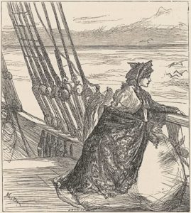 This line-block reproduction of a wood-engraved image is in portrait orientation. The image shows a woman seated on the deck of a ship in the water, with land in the distant horizon. The woman fills about the bottom right quadrant of the page. She sits facing the right side of the page, showing the profile of her face looking out to sea over the hull. She is wearing a large, light-coloured gown that puffs out into a big skirt. She has a dark shawl wrapped around her arms and the back of the skirt. One of her arms, the left, is leaning on the rail of the ship and the other is bent, holding up the shawl. She has on a bonnet that covers the back of her head and her bangs peek out from the front. The bonnet ties underneath her chin and the ties hang down the front of her dress. To the right of the woman’s face in the background appear four seagulls flying above the water and towards the skyline. The deck extends behind her. The railing continues towards the left side of the page upwards and diagonally. The ropes that hold the ship’s masts are tied off on the hooks that line the railing in the mid-ground and to the left of the woman. There are eight ropes that tie off, cutting vertically through the middle and left side of the page. The deck drops slightly lower after a few steps down and then continues out of sight towards the left. More ropes are shown attached to the distant railing but are mostly cut off from the frame on the left edge of the page. Behind the rail, ropes, and the woman is the watery background. The water rises to about three-quarters up the page, showing slight waves rising throughout. Behind the water the outline of a landscape appears lightly sketched to represent a body of land that has mountains and valleys. The sky has one sketched cloud and is above the land for a small portion of the page. The artist’s name, “Whistler,” appears scrawled in the bottom left corner of the page diagonally aimed down to the right, and the engraver’s signature, “Swain,” appears at centre bottom.