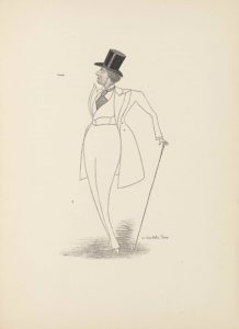 This wood engraving of a drawing is borderless and in portrait orientation. A full-length caricature of a man stands centrally, with no background or setting. The man is turned slightly to the left of the page, but his head is turned even further to the left, showing the profile of his face. He is wearing pointed-toe shoes and plain pants. His legs are long and his upper body is short. His legs are thin at the ankle and grow wide at the hips. On top he is wearing a collared shirt with a large, dark tie and a vest over top both of those pieces. At the waist the vest has three rows of two buttons that are lined up vertically. He also wears a long open overcoat, which is tailored in at the waist and has three buttons. The coat has a large collar and tight sleeves. The man’s left arm is lifted up and out at his waist and holding a walking cane leaned diagonally up to the right from the ground into his hand. The man’s right arm is pulled behind his back and not visible. The face in profile shows the man frowning with a chin tilted slightly up to the left side of the page. His brows are furrowed. His hair is short and he wears a large black top hat taller than his head. At the man’s feet is slight shading in a circular area. To the left of the page, at the height of the man’s nose, is the text “Max,” which is the artist’s first name. To the right of the cane in the bottom right corner of the image is the text: “Mr. Beerbohm Tree”.