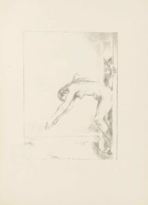 This lithograph is in portrait orientation. The image shows a naked woman leaning forward and about to dive into water; behind her, from a doorway, another figure peeks out from what appears to be a bathing hut. The image has a single-lined frame. The image is lightly sketched in soft lines. The bottom quarter of the page shows only faint markings indicating waves in water and in the right bottom corner the bottom edge of a doorway is shown situated diagonally up to the left. The woman’s feet are standing on the sill of the doorway, shown in tiptoe position about to jump. The woman’s body is in profile and takes up the centre of the page. She is facing toward the left, bent forward at the waist. Her arms are extended above her head and forward, her fingertips are about to touch the surface of the water. Her left knee is bent forward. Her face is covered by her extended left arm. She has long straight hair that falls down her curved back, and the hair is slightly lifted by the wind. Above her back on the right edge of the page a person’s face emerges looking down at her curved spine. The figure has their left hand holding onto the doorframe on the side closest to the viewer. The doorway is drawn to reach the top edge of the page. There is only blank background behind the woman diving.