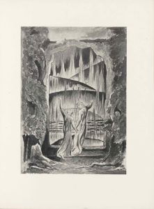 This halftone reproduction of a water-colour drawing by William Blake illustrating Dante’s Inferno appears in portrait orientation. The image shows two central figures with their back to the viewer standing at the gate [“portico”] of hell and about to enter. On either side of the portal is a tall tree with leaves swirling around the trunk, extending the entire height of the image.. The mirroring trees have roots that creep towards each other toward the centre bottom of the image. The two lightly robed figures [the poets Dante and Virgil] stand in front of these roots, on a threshold that leads into a vision of hell. The figure on the left is standing with his left arm lifted straight up and palm turned up to the sky. He is in mid-step, with his right leg lagging slightly behind and lifted as if it were about to step forwards. His face is turned to look up at his left hand, and his light-coloured hair falls down his back. His right arm is extended down and slightly to his right, reaching towards the other figure. The other figure mirrors the first in having the outside arm, this time their right arm, extended up and out to the side. This figure has shorter hair, and has their face turned toward the other figure, giving the viewer a three-quarters profile. Both figures are wearing a transparent veil of material surrounding their legs and draping around their feet. Through the threshold of the gates of hell there is a path, a sea, and a series of five layers of hills and jagged triangular shapes. The hills are shaded in an ombre effect, going from dark at the top edge to light near the bottom. There appears three roughly sketched figures atop the second hill from the front. Across the surface of the portal appears various random streaks of shading. In the small section above the portal is the open sky. In the bottom right corner of the page appears the text: “HELL [caps] Canto 3” [citing Dante’s Inferno].