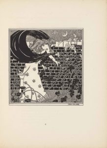 The line-block reproduction after a pen and ink sketch is contained within a rectangular lined border and is in portrait orientation. The image shows a woman inside a walled garden at night. The top fifth of the image shows the stippled grey sky, with a waxing crescent moon in the upper right. The black brick wall takes up the middle three-fifths of the image; the top bricks are white irregular blocks. In front wall, there is grey grass stippled in the same way as the night sky. Vines and brambles coil from the bottom of the image up the wall and over the top. The vines on the ground and at the bottom of the wall are black while the ones at the top of the wall are white. On the left side of the image stands a white column at about waist height with a sundial on top. The woman stands in between a sundial and a brick wall, facing right in profile and bending over to grasp the fines and brambles in front of her. She has a white flower in her left hand and is picking a flower with her right hand. She is bowed over so that her head is at the same level as the top of the wall. She has long wavy hair that reaches down past her shoulders. She is wearing a white dress with long sleeves. Her dress is patterned with an evenly spaced floral design consisting of five petals diverging from a central point. At the bottom right within the outer edge of the border reads the artist’s name: “FRED HYLAND” [caps].
