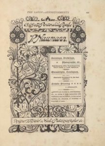 The image is in portrait orientation. The image is an advertisement for Paul Naumann’s services and shows four boxes of textual publishing information with a floral design behind the boxes. At the bottom edge of the page are the roots of the flowers that extend up to the top edge. There are three roots based at the bottom edge. The roots are evenly spaced out across the width of the page. The roots appear as curled horizontal lines cut through in the middle with straight vertical lines. The roots and flower stalks are all dark coloured. Around the roots at the bottom edge is a looping piece of vine that looks like rope. The vines then extend up vertically and wrap around the two exterior flowers all the way up the page. There is a bunch of berries in the middle two spaces between the flower stalks. Slightly up the page from the bottom edge is a long rectangular text box. In the single-edge box is the text: “Designer, Engraver on Wood & Photozincographer, &c.” The text is italicized and black on a white background. Above the box in the background is the flower stalks and vines, with two branches of leaves extending out horizontally. Slightly above and only on the right half of the page is another text box. This box is tall and rectangular, with a double-edged border. The box contains the text: “Paintings, Drawings, // Photographs, etc., // Reproduced by either Wood Engraving, // HALF-TONE, [caps] or LINE PROCESS. [caps] // Manuscripts, Catalogues, // ETC., ETC., // Illustrated throughout by the best // ARTISTS. [caps] // Artistic Printing // A SPECIALTY. [caps] // ARTISTS [caps] are invited to send Drawings, // etc., as, owing to large connection with // Publishers and Art Editors, we have great // facilities for disposing of Drawings or // Copyright of same.” Just above this text box is where the flowers bloom out from their stalks. The three flowers from the dark roots are dark ovals of leaves with four white daffodil flowers evenly populated. The two flowers from the vines are light and the petals are patterned dark and light in repetitive order. The centre dark flower and two vine flowers are in line just below the next text box, and the two outer edge dark flowers rise up higher on either side of the text box. The text box says: “P. Naumann.”. This is written in the largest and boldest text on the page, with a double-edged border around it. There is one more text box above it and this one says: “65, 69 & 71. Pentonville Road N.” The box is bordered with a single line. Two more leaf branches extend out horizontally in the background of these two highest text boxes. Behind all the flowers and vines is a stippled background. There is no border around the image.
