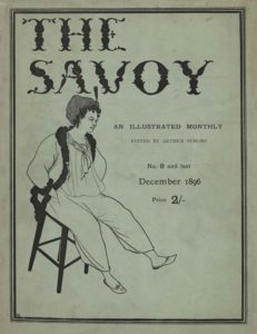 The triple-lined title page, in portrait orientation, combines a line-block reproduction of a pen-and-ink design with letterpress. Across the top of the page, in fancy black lettering, appears the title: “THE SAVOY” [large caps]. This title is done in a unique calligraphy consisting of flowers for the thicker sections of words and stems for the thinner parts. Halfway down the page, on the right, is is the subtitle in smaller font that reads: “AN ILLUSTRATED MONTHLY” [caps]. On the line below and printed in a lighter font reads: “EDITED BY ARTHUR SYMONS” [small caps]. On the subsequent line below is printed: “No. 8 and last”. In bigger font below that the date of publication reads: “December 1896.” And below that reads: “Price 2/-”. Below the title and to the left of the publishing information sits a figure, possibly a Pierrot, that takes up the majority of the left half of the page. The figure, who seems to be male, is sitting on a stool facing right; the stool is tilted forward with the back legs off the ground. He has his hands in his trouser pockets and a furrowed brow. He has curly black hair that extends part way down his neck and a grey cap over top. The figure has a white ascot tied around his neck and a loose white tunic tucked into baggy white trousers. He has an unbuttoned overcoat, the edges of which are black and textured like thick fur. The figure is wearing plain slippers.