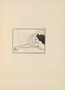 The line-block reproduction of Beardsley’s pen-and-ink drawing is in portrait orientation and appears as a rectangular framed image on about a third of the page space. The illustration is of the head and torso of a woman in profile with black hair. She appears to be floating into frame from the right side. Her right arm is extended, and her hand almost touches the left border of the illustration. She is nude save for loops of cloth that wrap under her upper arm and extend back behind her head and out of frame.