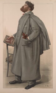 This image is a lithograph caricature portrait of Samuel Rutherford Crockett. Crockett is standing to show his full body in profile facing left (his right). His face is turned upwards, tilting his head at an upward angle. Crockett stands with his legs apart. His left hand is inside his coat pocket. His right hand holds a book and rests on the back of a chair that is slightly behind him at left. The book in Crockett’s hand is grey with a colourful pink bonnet pictured on the cover. Above the bonnet “LILAC” is written and below the bonnet “SUN [BONNE]” is written. Crockett is wearing a grey suit and formal single-breasted full-length Ulster topcoat with cape attached. The topcoat has one left patched main pocket visible and a left patched breast pocket visible. Crockett’s right main pocket has brown gloves visibly poking out. His left breast pocket has a patterned folded handkerchief sticking out. Crockett is wearing a single-breasted dress jacket with four buttons, a white collared shirt and salmon coloured necktie (style obscured). He is wearing square-toed black dress shoes. On the chair seat lies a grey checker-patterned flat cap. Crockett has short brown hair with a full beard and moustache.