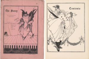 Two panel Image showing on the left the cover of The Savoy's Prospectus and on the right the Contents Page from The Savoy Volume 1.