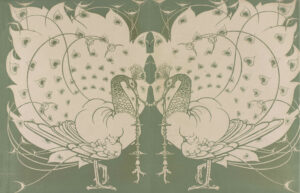 Each page (verso and recto) of the opening is divided into two pages and printed in green. On a green background, two white peacocks with large white feathers, decorated with small green outlined hearts, are facing each other in side profile. They take up the majority of the space on the two-page spread. At the center of the illustration, the peacocks are holding a long tassel with beads and small saucers that drapes in front of them and reaches just above the length of their feet. The peacock on the left has its left leg raised and the peacock on the right has its right leg raised.