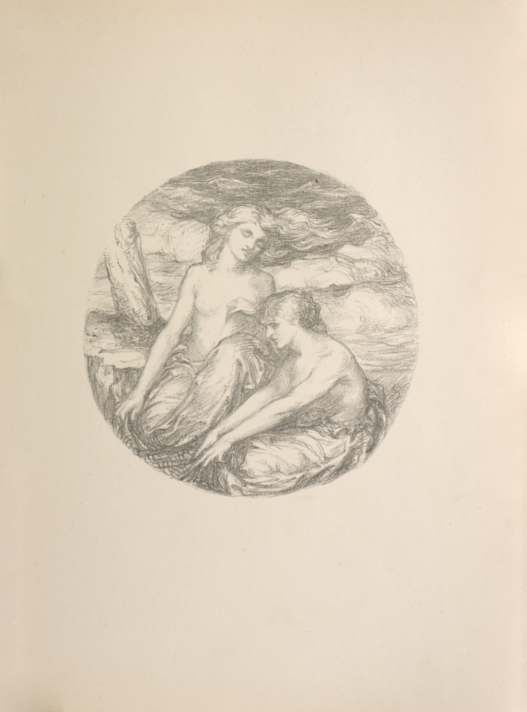 The circular lithograph, printed in soft gray inks, is positioned in the center of the page. It depicts two women sitting near the sea. The woman in the foreground sits on the ground in profile, facing left. Her torso is bare and she is wearing only a piece of light fabric draped around her lower body. Her arms are extended in front of her, and she is holding onto a net that is visible in the bottom left section of the image. The woman behind her is seated upright and is facing forwards, leaning towards the right side of the image. She also is only wearing a piece of light fabric draped around her lower body. Her right hand is extended and holding the net on the left. Her wavy long hair is blowing in the wind and blending into the background of waves and clouds. The two figures appear to be on a cliff side by the sea. The bottom half of a tree is visible in the upper left background of the image.