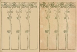 Each page (verso and recto) of the opening is divided vertically into four narrow, rectangular columns, printed in green. The columns are separated by about half a centimetre of open space between them, but are connected by green spiralling foliage growing upwards from their base. At the top of each column, the branches intertwine and blossom into three round-shaped flowers, all facing to the right; on their stems are clusters of trefoil leaves. The stems form in spirals, connecting to the adjacent column on their right. About two-thirds of the way up each column, a small green bird is perched on a leaf, facing to the left; behind each bird are three speckled berries or buds. About one-third up from the base of each column, the stem branches into a five-leaf vine. The artist has signed with a green capital letter “H” in the bottom corner of the leftmost column, and the green capital letter “N” in the bottom corner of the rightmost column.